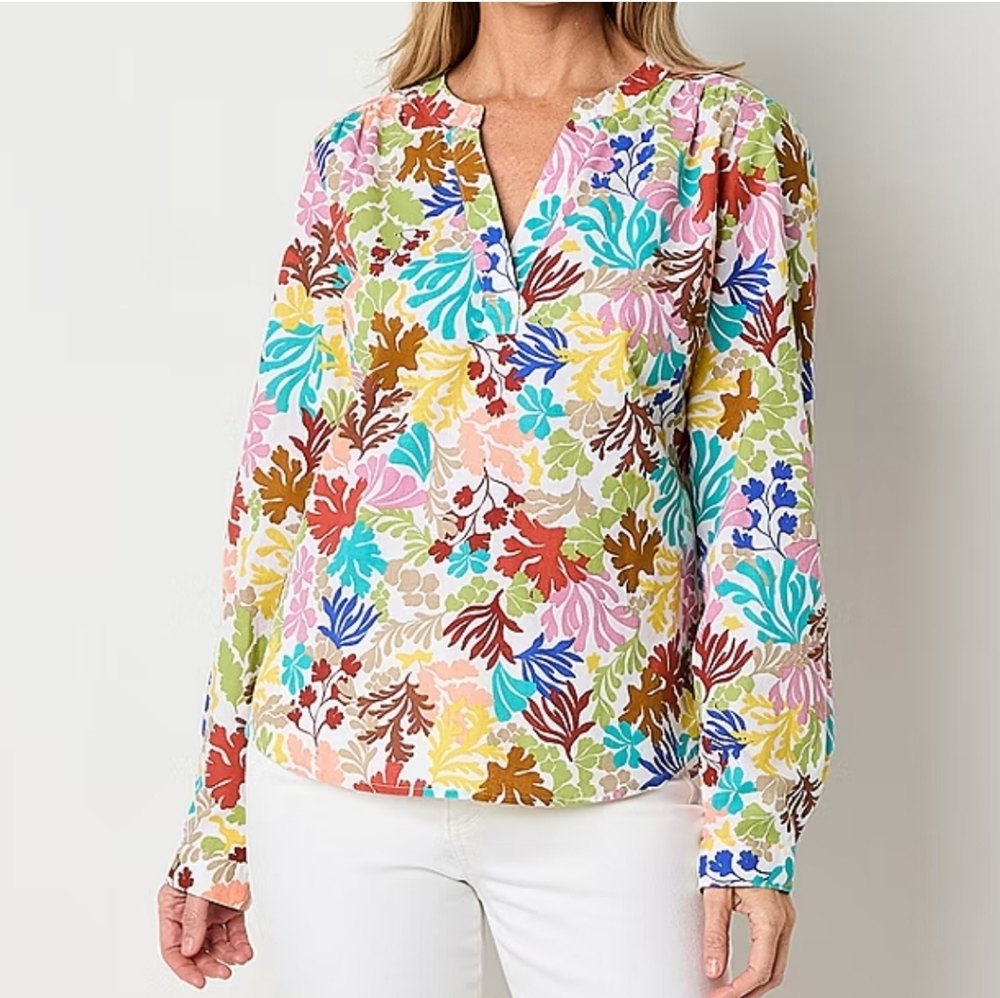 St. John's Bay Womens Split Crew Neck Roll-tab Sleeve Blouse Coral Multicolor PM - Picture 1 of 16